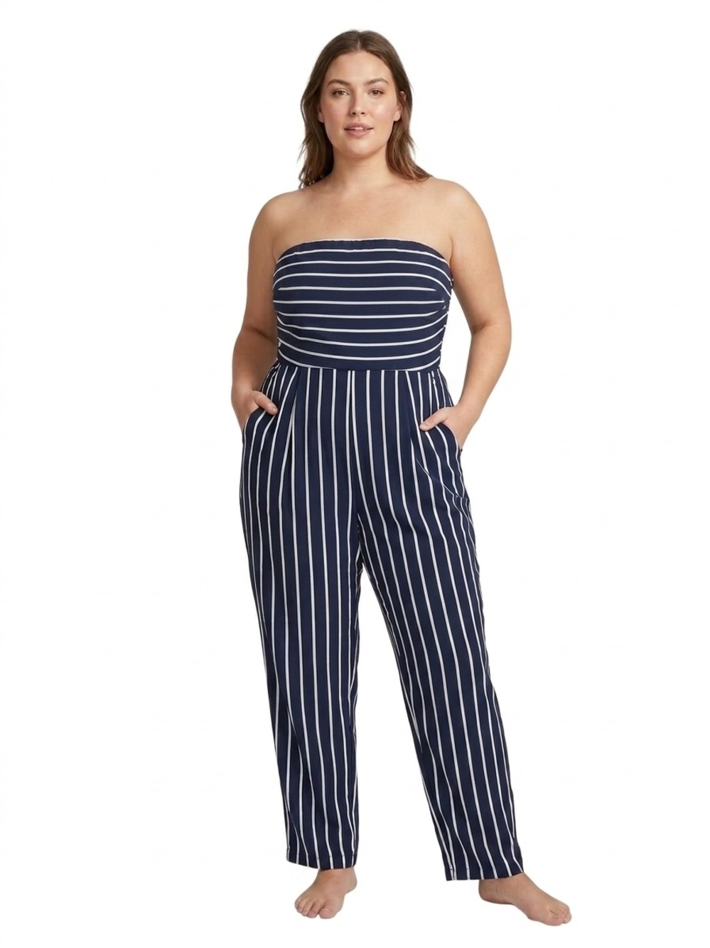 DAVI & DANI Navy and White Strapless Stripe Jumpsuit